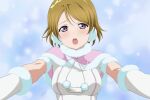  1girl bow breasts brown_hair gloves hair_bow highres koizumi_hanayo large_breasts looking_at_viewer love_live! love_live!_school_idol_project nagi_mkrnpn outstretched_arms purple_eyes short_hair snow_halation winter_clothes 
