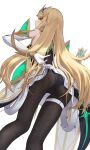  1girl absurdres ass bare_shoulders black_panties black_pantyhose blonde_hair clothes_lift dress dress_lift drop_earrings earrings elbow_gloves from_behind from_below gloves headpiece highres jewelry lifting_own_clothes long_hair looking_at_viewer looking_back microdress mythra_(massive_melee)_(xenoblade) mythra_(xenoblade) panties panties_under_pantyhose pantyhose pantyshot solo standing swept_bangs takahashi_hizumi thigh_strap tiara underwear very_long_hair white_dress xenoblade_chronicles_(series) xenoblade_chronicles_2 yellow_eyes 