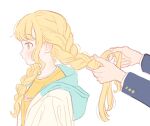  1boy 1girl blonde_hair braid braiding_hair commentary_request fujita_kotone gakuen_idolmaster hairdressing highres hood hooded_jacket idolmaster jacket long_hair looking_ahead producer_(idolmaster) profile shirt simple_background solo_focus twin_braids upper_body uruba white_background yellow_shirt 