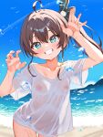  1girl ahoge aqua_eyes arms_up beach blue_eyes breasts brown_hair collarbone covered_nipples dongchuan hair_ornament highres hololive naked_shirt natsuiro_matsuri navel nipples ocean outdoors see-through see-through_shirt shirt side_ponytail small_breasts smile solo t-shirt teeth virtual_youtuber wet wet_clothes wet_shirt 