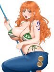  1girl absurdres bikini blue_pants blush breasts brown_eyes cleavage denim earrings english_commentary feet_out_of_frame green_bikini highres holding holding_polearm holding_weapon huge_breasts jeans jewelry kevbot lips long_hair looking_at_viewer nami_(one_piece) navel one_piece open_mouth orange_hair pants polearm print_bikini shoulder_tattoo side-tie_bikini_bottom skindentation solo spaghetti_strap strap_gap swimsuit tattoo teeth unaligned_breasts undersized_clothes weapon white_background 