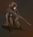  1girl absurdres battle_rifle beret black_gloves boots brown_hair commission english_text fn_fal frown gloves gun hat headset highres military_uniform nyagurisushi on_one_knee original poncho rifle short_hair solo trigger_discipline uniform watch weapon 