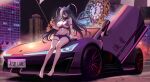  1girl absurdres arm_strap azur_lane bare_legs bare_shoulders barefoot between_breasts bikini black_gloves black_hair breasts car chi_an_(azur_lane) china cleavage closed_mouth cone_hair_bun crop_top feet fingerless_gloves flag framed_breasts full_body gac_aion_hyper_ssr gloves hair_between_eyes hair_bun highleg highres holding holding_flag kcar66t large_breasts location_request long_hair looking_at_viewer micro_shorts midriff motor_vehicle multi-strapped_bikini_bottom navel necktie necktie_between_breasts outdoors purple_bikini purple_eyes purple_shorts race_queen real_world_location short_necktie short_shorts shorts sitting sitting_on_car skindentation sleeveless smile solo sports_car stomach string_bikini swimsuit thigh_strap thighs tianjin_(city) tianjin_century_clock toes very_long_hair wing_collar 