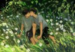  2boys black_hair closed_eyes couple flower full_body green_theme highres hohogeda imminent_kiss looking_at_another male_focus multiple_boys on_grass original outdoors pants shirt short_hair shorts sitting white_flower yaoi 