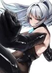  1girl aqua_eyes arms_up black_ark_ranger_(nikke) black_bodysuit bodysuit clenched_hand covered_navel elbow_gloves gloves goddess_of_victory:_nikke grey_hair highres impossible_bodysuit impossible_clothes o_o_k_i_n_a ponytail simple_background skin_tight solo star_ornament white_background 