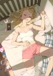  1girl arm_up blonde_hair bottle breasts cellphone closed_eyes cropped_shirt hand_on_own_stomach highres indoors lying open_mouth original phone pink_shorts seuhyo99 shirt short_shorts shorts sleeping sleeveless sleeveless_shirt small_breasts smartphone solo spread_legs white_shirt 