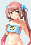  1girl asagumo_(kancolle) blue_background blue_bra bra brown_hair clothes_in_front green_eyes hair_ribbon holding holding_bra holding_clothes holding_underwear kantai_collection lion_print long_hair looking_at_viewer navel nude one-hour_drawing_challenge out-of-frame_censoring ray.s ribbon simple_background solo training_bra twintails underwear upper_body 