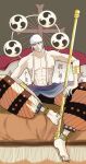  1boy abs absurdres aomushimm bandana bare_pectorals bracelet closed_mouth commentary_request drum earrings enel eyelashes highres holding holding_polearm holding_weapon instrument jewelry long_earlobes looking_at_viewer one_piece pectorals polearm sitting smile solo toe_ring tomoe_(symbol) topless_male weapon white_bandana 