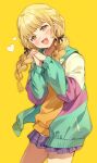  1girl :d absurdres blonde_hair blush braid commentary_request cowboy_shot fang fujita_kotone gakuen_idolmaster green_jacket head_tilt heart highres hoshiko_(419401x) idolmaster jacket long_hair long_sleeves looking_at_viewer open_mouth orange_shirt own_hands_clasped own_hands_together plaid plaid_skirt purple_skirt shirt simple_background skirt smile solo twin_braids yellow_background yellow_eyes 