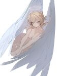  1girl blonde_hair breasts cleavage closed_mouth completely_nude cropped_legs feathered_wings flower genshin_impact hair_between_eyes hair_flower hair_ornament halo highres large_breasts lumine_(genshin_impact) nude short_hair_with_long_locks simple_background solo umenoume white_flower white_wings wings yellow_eyes 