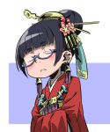  1girl bell bell_earrings bespectacled black_hair blue-framed_eyewear closed_mouth commentary_request earrings frown glasses hair_ornament hair_stick japanese_clothes jewelry kimono napier nemakichi purple_background red_kimono sekaiju_no_meikyuu sekaiju_no_meikyuu_3 short_hair simple_background solo two-tone_background white_background 