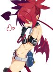  1girl absurdres belt black_gloves blush choker demon_girl demon_tail demon_wings disgaea etna_(disgaea) finger_to_own_chin flat_chest gloves heart highres hip_bones jank365m looking_at_viewer navel o-ring o-ring_choker pointy_ears red_eyes red_hair red_tail red_wings simple_background skinny solo tail white_background wings 