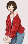  1girl blue_pants brown_eyes brown_hair closed_mouth collarbone cowboy_shot fingernails grey_background hair_between_eyes highres holding holding_phone jacket kimura_731 looking_to_the_side original pants phone red_jacket shirt short_hair simple_background smile solo standing white_shirt 