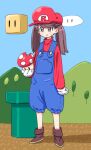  1girl :t blue_overalls boots brown_footwear brown_hair clip_studio_paint_(medium) commentary_request cosplay gloves hat holding holding_mushroom kantai_collection long_hair mario mario_(cosplay) mario_(series) mountain mushroom overalls red_hat red_shirt ryuujou_(kancolle) shirt solo super_mario_world super_mushroom tonmoh tree twintails warp_pipe white_gloves 