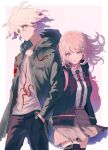  1boy 1girl brown_hair chain collared_shirt danganronpa_(series) danganronpa_2:_goodbye_despair flipped_hair galaga green_jacket grey_hair hair_between_eyes hair_ornament highres hood jacket komaeda_nagito long_sleeves looking_at_viewer medium_hair messy_hair nanami_chiaki neck_ribbon open_clothes open_jacket open_mouth pants pink_eyes pink_ribbon ribbon shirt skirt thighhighs white_shirt 