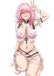  1girl absurdres alternate_costume armpits bare_shoulders bikini black_choker blue_eyes blush bow bowtie breasts bridal_garter choker cleavage elf elysia_(honkai_impact) elysia_(miss_pink_elf)_(honkai_impact) elysia_(summer_miss_elf)_(honkai_impact) hair_between_eyes hands_up highres honkai_(series) honkai_impact_3rd large_breasts legs looking_at_viewer midriff navel pink_hair pink_pupils pink_top pointy_ears saki_(remainaddd) salute smile swimsuit teeth two-finger_salute upper_teeth_only white_background white_bow white_bowtie white_footwear 