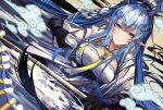  1girl absurdres arknights blue_eyes blue_hair braid breasts cup dragon_girl dragon_horns highres holding holding_cup horns jewelry ling_(arknights) long_hair mo_komo_momo multicolored_hair necktie pointy_ears smile solo streaked_hair very_long_hair 