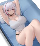  1girl absurdres armpits arms_behind_head black_choker breasts choker cleavage commentary exy_exii feet_out_of_frame grey_hair grin hair_between_eyes hair_intakes hair_ornament highres honkai:_star_rail honkai_(series) knees_together_feet_apart large_breasts looking_at_viewer lying multicolored_hair no_pants on_back panties parted_lips pillow red_hair shadow short_hair simple_background smile solo streaked_hair tank_top teeth thighs topaz_(honkai:_star_rail) underwear 