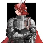  1girl arknights armor breastplate commentary_request fiammetta_(arknights) fiammetta_(divine_oath)_(arknights) helmet highres holding holding_helmet looking_to_the_side pauldrons pointy_hair red_eyes red_hair short_hair shoulder_armor solo upper_body vambraces yuec 