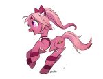  1girl animal_ears animalization bandages bow commentary_request cutie_mark ear_covers hair_bow hairband haru_urara_(umamusume) heart horse_ears horse_tail korean_commentary my_little_pony my_little_pony:_friendship_is_magic no_humans open_mouth pink_fur pink_hair pink_tail ponytail purple_eyes red_bow red_trim shirt short_hair sleeveless smile solo sweatband tail two-tone_bowtie umamusume white_bow white_shirt zzekzzek 