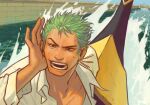  1boy close-up commentary derivative_work earrings green_hair highres jewelry long_sleeves looking_ahead male_focus nyatthecat one_piece open_clothes open_mouth open_shirt roronoa_zoro screenshot_redraw shirt short_hair sideburns solo spiked_hair sweatdrop v-shaped_eyebrows water white_shirt 