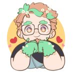  1boy bara chibi cropped_torso facial_hair flower glasses goatee green_hair hair_flower hair_ornament heart highres hippolytus_(housamo) light_blush light_brown_hair looking_at_viewer male_focus multicolored_hair open_overalls osu_(osumankokuou) plump shirt short_hair sideburns_stubble smile straight-on streaked_hair stubble thick_eyebrows tokyo_afterschool_summoners two-tone_background two-tone_beard upper_body 