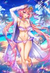  1girl :d age_of_ishtaria arm_up bare_legs bare_shoulders beach bikini bird blue_sky blush braid brandt_(age_of_ishtaria) breasts cleavage cloud coat collarbone copyright_name copyright_notice frilled_bikini frills hair_ornament highres jewelry large_breasts long_hair looking_at_viewer low_twintails munlu_(wolupus) navel necklace ocean official_art open_clothes open_coat open_mouth palm_tree pink_hair purple_bikini purple_eyes sandals seagull sky smile solo starfish starfish_hair_ornament swimsuit tree twintails 