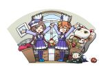  2girls animal_ears arms_up bed brown_hair charm_(object) closed_eyes commentary_request hair_ornament hairclip hamu_koutarou hat highres horse_ears horse_girl horse_tail matikane_tannhauser_(umamusume) matikanefukukitaru_(umamusume) medium_hair multiple_girls open_mouth outstretched_arms school_uniform simple_background slippers spread_arms tail thighhighs tracen_school_uniform umamusume white_background window 