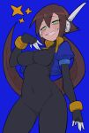  1girl absurdres aile_(mega_man_zx) arm_under_breasts black_bodysuit blue_background blue_jacket blush bodysuit bodysuit_under_clothes breasts brown_hair buzzlyears commentary covered_collarbone covered_navel cropped_jacket glowing green_eyes grin highres jacket large_breasts long_hair looking_at_viewer mega_man_(series) mega_man_zx mega_man_zx_advent no_pants open_clothes open_jacket ponytail robot_ears simple_background smile smirk smug solo teeth 