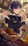  1boy absurdres bishounen black_hair blurry blurry_background collar collared_shirt commentary earrings food fried_chicken hair_between_eyes highres indie_virtual_youtuber indoors jewelry licking_lips light_particles long_sleeves looking_at_viewer male_focus perspective puring_0207 purple_eyes purple_hair restaurant shirt short_hair shoto_(vtuber) sitting smile solo_focus sweater_vest symbol-only_commentary taking_picture tongue tongue_out virtual_youtuber 