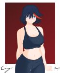  1girl absurdres black_hair blue_eyes breasts cleavage highres icryvt kill_la_kill leggings looking_at_viewer matoi_ryuuko multicolored_hair navel red_hair revealing_clothes self-upload short_hair simple_background solo sports_bra two-tone_hair 