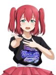  1girl aqua_eyes barkhorn0331 black_shirt blush collarbone commentary_request copyright_name english_text furrowed_brow hair_between_eyes hand_on_own_chest highres kurosawa_ruby looking_at_viewer love_live! love_live!_sunshine!! open_mouth print_shirt red_hair red_skirt shirt short_hair short_sleeves sidelocks skirt solo standing two_side_up upper_body white_background 
