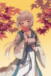  1girl autumn_leaves bai_yuxiu bitr_x chinese_clothes duijin_ruqun fengling_yuxiu grey_hair hanfu highres holding holding_leaf leaf long_hair long_sleeves maple_leaf ponytail purple_eyes solo white_hair wide_sleeves 