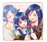  3girls ahoge artist_request blue_eyes blue_hair closed_mouth crescent crescent_hair_ornament earrings flower hair_ornament jewelry long_hair mother_and_daughter multiple_girls one_eye_closed open_mouth pointy_ears rena_lanford rhima_(star_ocean) short_hair smile star_ocean star_ocean_the_second_story westa_(star_ocean) 