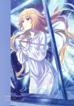  1girl absurdres blonde_hair detached_sleeves fate/grand_order fate_(series) fingernails frills hands_up highres indoors jeanne_d&#039;arc_(fate) long_hair long_sleeves morikura_en night night_sky nightgown own_hands_together parted_lips purple_eyes reflection scan sky solo star_(sky) white_nightgown window 