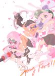  3girls :d absurdres baseball_cap black_footwear black_shorts blue_eyes boots bow_(weapon) closed_mouth cobii_illu commentary_request cross-laced_footwear dolphin_shorts eyebrow_cut gas_mask gun hat heavy_edit_splatling_(splatoon) high_tops highres holding holding_bow_(weapon) holding_gun holding_weapon inkling inkling_girl inkling_player_character mask medium_hair multiple_girls octoling octoling_girl octoling_player_character painbrush_(splatoon) pink_hair pink_shirt print_shirt purple_eyes reef-lux_450_(splatoon) shirt shoes shorts smile sneakers splatoon_(series) splatoon_3 teeth thick_eyebrows upper_teeth_only weapon white_background white_footwear 