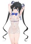  1girl absurdres armpits arms_up black_hair blue_eyes blue_ribbon blush breasts cleavage cleavage_cutout closed_mouth clothing_cutout commentary_request covered_navel covered_nipples cowboy_shot dress dungeon_ni_deai_wo_motomeru_no_wa_machigatteiru_darou_ka gloves hair_ornament hair_ribbon hestia_(danmachi) highres large_breasts long_hair looking_at_viewer navel nipples pencil_dress pomerachi pussy rei_no_himo ribbon see-through see-through_dress see-through_gloves simple_background smile solo standing twintails white_background white_dress white_gloves 