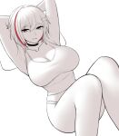  1girl armpits arms_behind_head black_choker breasts choker cleavage exy_exii feet_out_of_frame hair_between_eyes honkai:_star_rail honkai_(series) knees_together_feet_apart large_breasts looking_at_viewer lying multicolored_hair no_pants on_back open_mouth panties partially_colored pillow red_hair simple_background smile solo streaked_hair tank_top teeth topaz_(honkai:_star_rail) underwear unfinished 