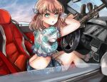  1girl :o absurdres aqua_eyes assault_rifle blue_shorts breasts brown_hair car car_interior commentary convertible cropped_shirt crossed_bangs denim denim_shorts frilled_shirt frills from_side gun h&amp;k_mp5k hair_ornament hairclip highres hinoshita_kaho holding holding_gun holding_weapon lace-trimmed_shorts lace_trim link!_like!_love_live! looking_at_viewer losslessarts love_live! medium_breasts medium_hair midriff motor_vehicle natsumeki_pain_(love_live!) open_mouth rifle sandals shirt short_shorts short_sleeves shorts sitting solo steering_wheel submachine_gun two_side_up v-shaped_eyebrows virtual_youtuber weapon white_shirt 