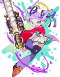  1girl :d artist_name black_ribbon blue_thighhighs bokusatsu_tenshi_dokuro-chan brown_footwear colored_tongue commentary_request cosplay fangs film_grain floating_hair full_body green_eyes grizzco_splatana_(splatoon) hair_ribbon halo highres holding holding_weapon inkling inkling_girl inkling_player_character jacket loafers looking_at_viewer mitsukai_dokuro mitsukai_dokuro_(cosplay) open_clothes open_jacket open_mouth paint_splatter pleated_skirt purple_hair purple_tongue red_jacket ribbon satomori shirt shoes short_twintails skirt skirt_set smile solo splatoon_(series) splatoon_3 standing standing_on_one_leg tentacle_hair thighhighs traditional_halo twintails uneven_eyes weapon white_shirt white_skirt yellow_halo 