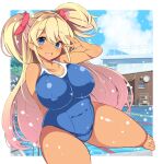  1girl absurdres blonde_hair blue_eyes blue_one-piece_swimsuit blue_sky blush breasts building clock collarbone commentary_request covered_navel covered_nipples curvy day fang hair_ribbon highres kurokawa_izumi large_breasts long_hair looking_at_viewer one-piece_swimsuit open_mouth original outdoors pool ribbon school_swimsuit sky smile solo standing standing_on_one_leg swimsuit tan thighs tree two_side_up very_long_hair wall_clock water_drop 