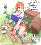  1girl absurdres angry artist_name bar_censor barrel blue_shirt bo_staff breasts censored cleavage clima-tact covered_nipples english_text female_pubic_hair high_heels highres holding holding_staff large_breasts microskirt nami_(one_piece) no_bra no_panties one_piece open_mouth orange_hair orange_skirt pubic_hair puri_(wettypeach) pussy red_footwear shirt short_hair short_sleeves skirt solo speech_bubble staff steaming_body subscribestar_username sweat talking thighs two-tone_shirt web_address white_shirt wood 