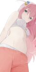  1girl blue_eyes bocchi_the_rock! bra breasts cube_hair_ornament eyes_visible_through_hair gotoh_hitori hair_ornament highres hiroki_(yyqw7151) long_hair looking_at_viewer medium_breasts navel one_side_up panties pink_hair simple_background solo underwear white_background white_bra white_panties 