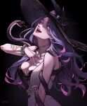  1girl :d bare_shoulders black_background black_bra black_hat bra bracelet breasts chui_art cleavage commentary fangs hat highres honkai:_star_rail honkai_(series) jade_(honkai:_star_rail) jewelry long_hair looking_at_viewer nail_polish necklace open_mouth purple_eyes purple_hair purple_nails simple_background smile snake solo underwear upper_body very_long_hair white_background 