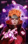  1boy absurdres akatsuki_uniform amegakure_symbol artist_name closed_mouth commentary ear_piercing english_commentary forehead_protector highres jayce_phuc lip_piercing long_sleeves looking_at_viewer male_focus naruto_(series) naruto_shippuuden ninja nose_piercing orange_hair pain_(naruto) piercing portrait purple_eyes realistic rinnegan short_hair solo spiked_hair uniform web_address 