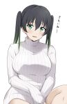  1girl alternate_breast_size barkhorn0331 black_hair blush breasts commentary_request gradient_hair green_eyes green_hair hair_between_eyes highres large_breasts long_sleeves looking_at_viewer love_live! love_live!_nijigasaki_high_school_idol_club medium_hair multicolored_hair parted_lips sidelocks sitting sleeves_past_wrists solo sweater takasaki_yu translation_request turtleneck turtleneck_sweater twintails upper_body white_background white_sweater 