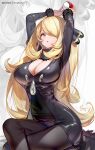  1girl :o arms_up artist_name black_coat black_pants black_shirt blonde_hair breasts chinese_commentary cleavage coat crossed_legs cynthia_(pokemon) fur-trimmed_coat fur-trimmed_sleeves fur_collar fur_trim grey_eyes hair_over_one_eye highres holding holding_poke_ball hong_(white_spider) large_breasts long_hair long_sleeves looking_at_viewer pants parted_lips patreon_username poke_ball poke_ball_(basic) pokemon pokemon_dppt shirt sitting solo taut_clothes taut_pants taut_shirt thighs variant_set very_long_hair zoom_layer 