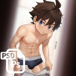  1boy abs blue_eyes boxer_briefs brown_hair bulge commission gundam gundam_build_divers koyama_risu male_focus male_underwear mikami_riku navel nipples pixiv_commission solo underwear 