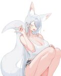  1girl animal_ear_fluff animal_ears black_shorts blush breasts cleavage commentary fox_ears fox_girl fox_shadow_puppet fox_tail hair_over_one_eye heart highres large_breasts long_hair looking_at_viewer mole mole_on_breast oh_(aung_ae) open_mouth original short_shorts shorts simple_background solo symbol-only_commentary tail tank_top very_long_hair white_background white_tank_top yellow_eyes 