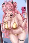  1girl ;d absurdres bikini black_choker blue_archive blush breasts cellphone cellphone_charm charm_(object) choker cleavage demon_horns double_bun drie fake_horns fang gold_bikini gold_bracelet gold_necklace gyaru hair_bun halo highres holding holding_phone horns jewelry kirara_(blue_archive) large_breasts leaning_forward long_hair looking_at_viewer mirror multiple_bracelets necklace one_eye_closed open_mouth phone pink_hair red_eyes red_halo ring selfie side-tie_bikini_bottom smartphone smile solo swimsuit thigh_gap thigh_strap very_long_hair wavy_hair 